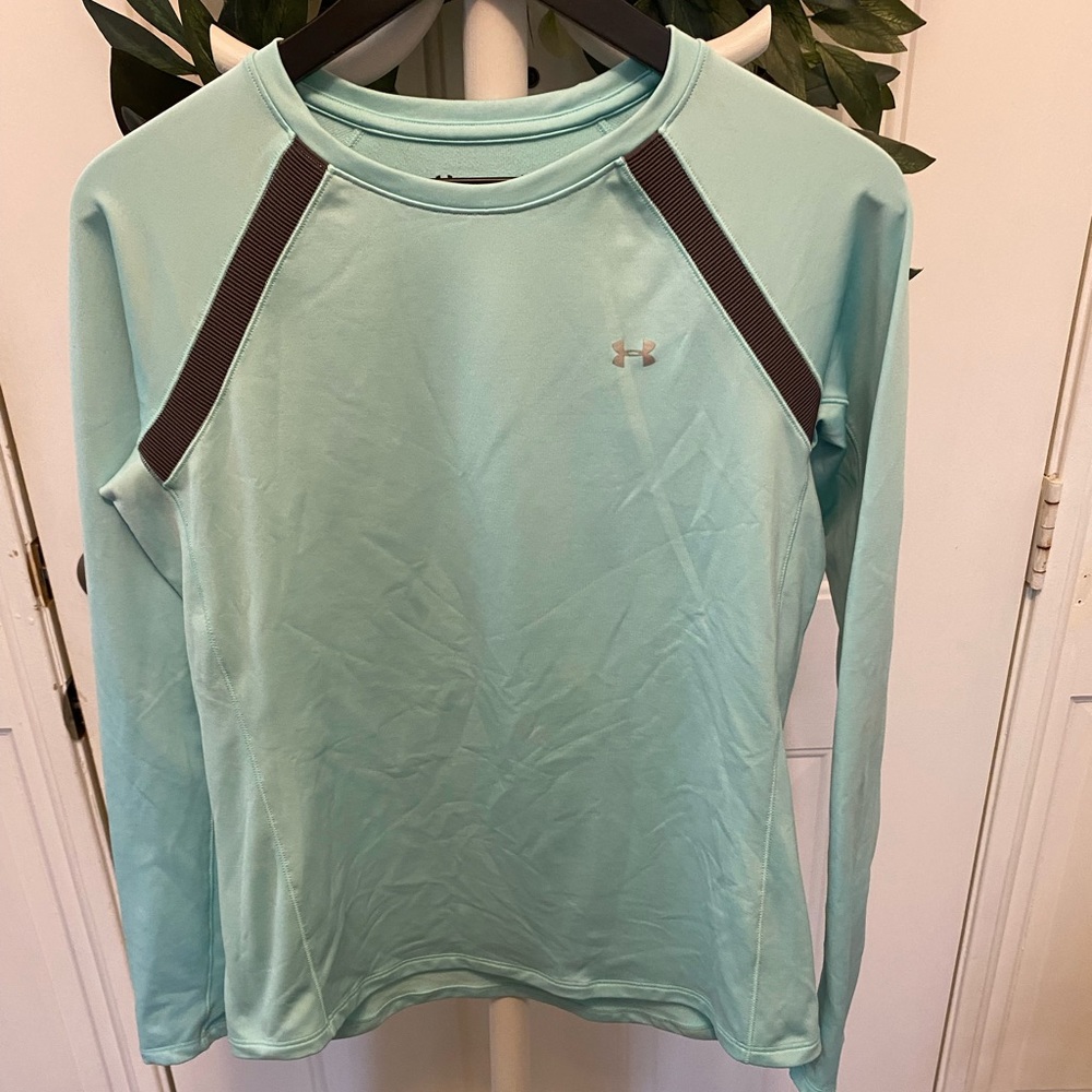 Under Armour UA ColdGear Fitted Thumb Holes Activewear Top Aqua Blue & Gray LS L